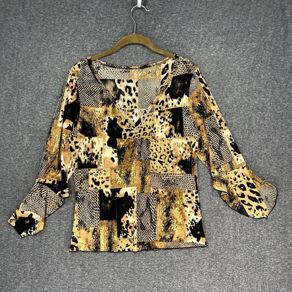 Y2K Top Women's M Flared 3/4 Sleeve Mixed Animal Print Rouched V-Neck USA Made
